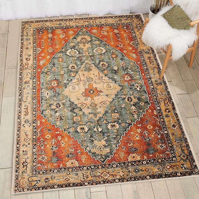 COMSLE Boho Area Rug, 3' x 5' Machine Washable Rugs for Entryway Faux Wool Large Rugs Distressed Throw Rug Non-Slip Floor Carpet for Indoor Bedroom Kitchen Living Room
