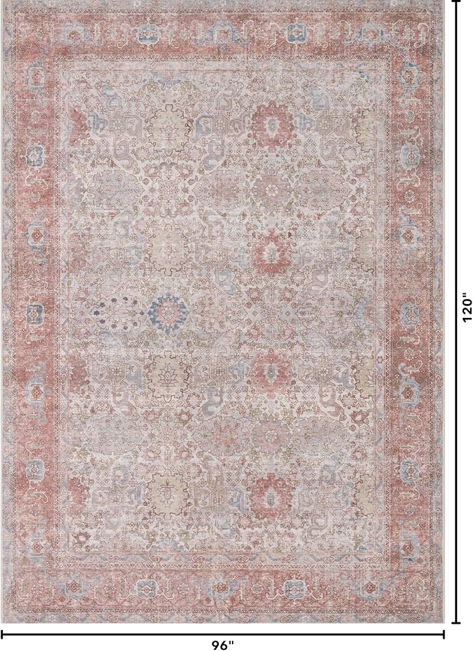 Kuden 8x10 Large Area Rug, Machine Washable Area Rug with Non-Slip Backing, Vintage Style, Soft, Easy Clean, Low Pile Rug for Living Room, Bedroom, Dining Room