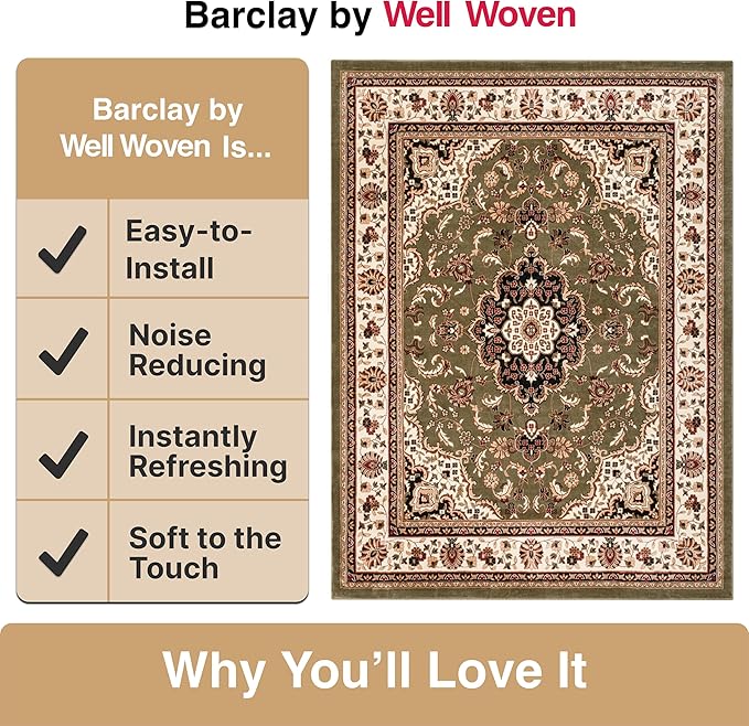 Well Woven Barclay Collection Medallion Kashan Green 6x9 Area Rug - for Living Room, Bedroom, and Dining Room