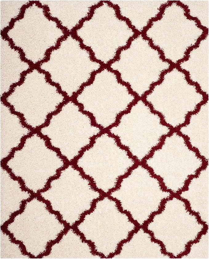 SAFAVIEH Area Rug 8x10 - Dallas Shag Collection - Large - Ivory & Red, Trellis Pattern, Non-Shedding & Easy Cleaning, Plush Thick Pile, Ideal for Living Room, Bedroom, Dining Space (SGD257R)