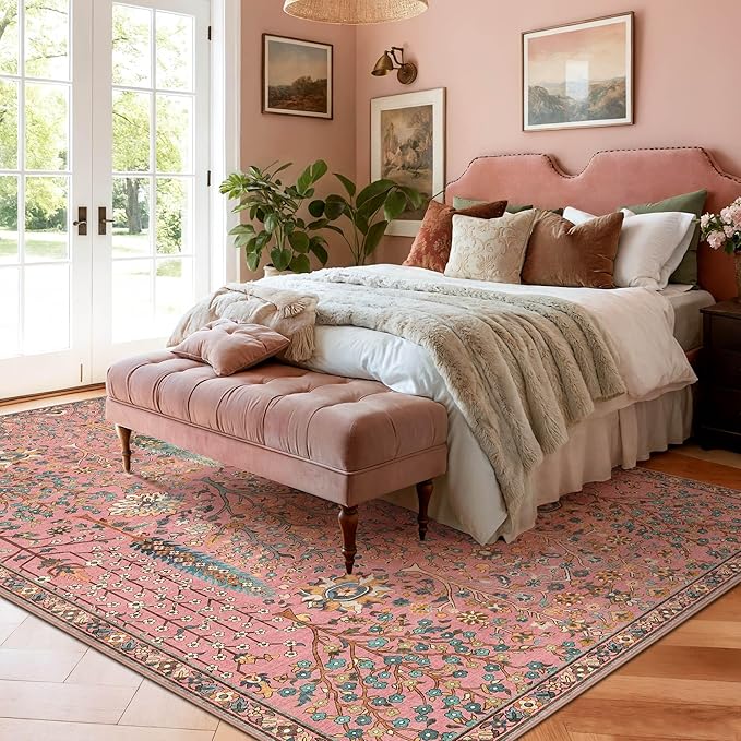 Kokia Boho Vintage Floral Area Rugs, Washable Oriental Botanical Rugs for Living Room, Bedroom, Dining Room, Office, Soft Indoor Area Rug, Rosette Pink，6x9