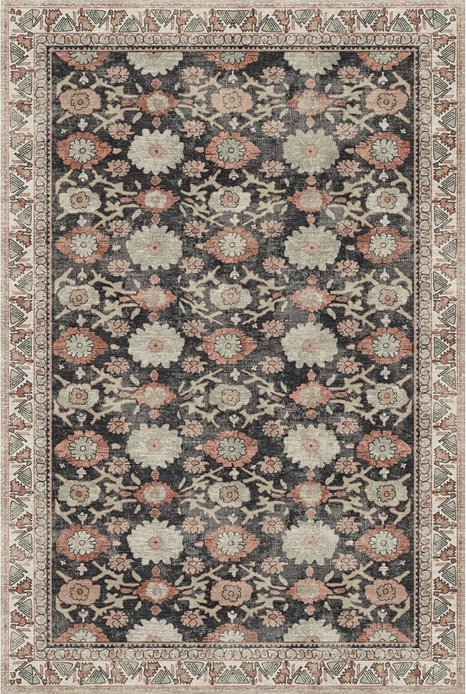 Kuden 9x12 Large Area Rug, Machine Washable Area Rug with Non-Slip Backing, Vintage Style, Soft, Easy Clean, Low Pile Rug for Living Room, Bedroom, Dining Room