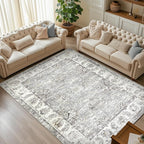 jinchan Fiora 10x12 Area Rugs for Living Room - Machine Washable Vintage Floral Distressed Design Stain Resistant Carpet Low Pile Non-Slip Large Rug for Bedroom Dining Room Home Office (10‘x12', Grey)