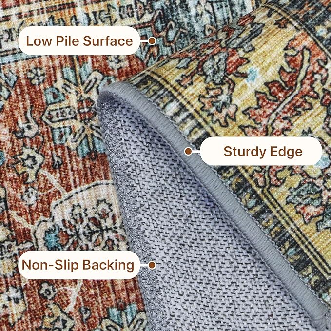 Bavni 2x5 Runner Rug Non Slip, Machine Washable Rug Runners for Hallways, Vintage Distressed Print Kitchen Runner, Low Pile Lightweight Carpet Runner for Entryway Laundry Bedroom Bathroom Blue/Tan/Red