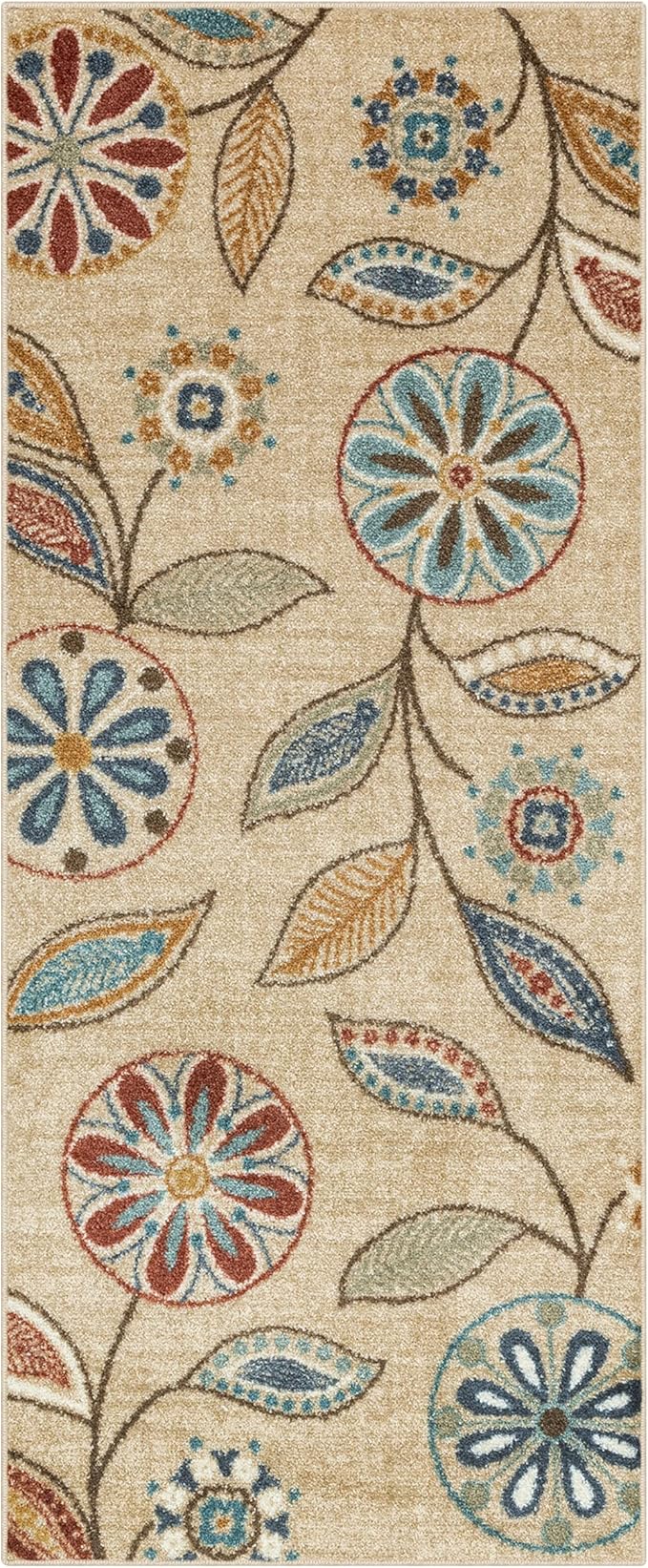 Maples Rugs Reggie Floral Runner Rug - Made in USA - Washable, Non Slip Indoor Carpet for Kitchen, Hallway, and Laundry Room, 2'6" x 6', Beige