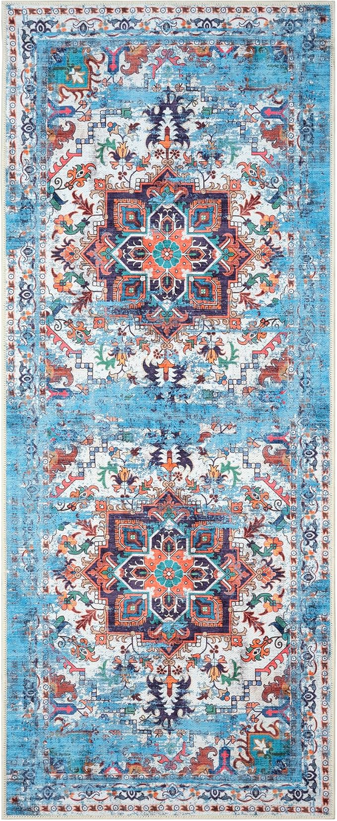 GLN Rugs Traditional Collection - Machine Washable Area Rug, Traditional Washable, Non Slip, Low Pile Chenille Rug, Living Room, Bedroom, Kitchen Rug (2'6" x 7' Blue/Multicolor)
