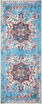GLN Rugs Traditional Collection - Machine Washable Area Rug, Traditional Washable, Non Slip, Low Pile Chenille Rug, Living Room, Bedroom, Kitchen Rug (2'6" x 7' Blue/Multicolor)