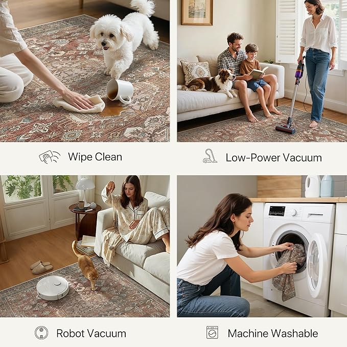 Bavni 3x5 Area Rug for Living Room Bedroom, Washable Boho Print Vintage Aesthetic Rug, Ultra-Thin Low Pile Rugs for Entryway Playroom with Non Slip Backing, Brick