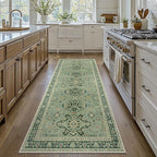 Bavni Washable Runners for Hallways 2X10, Ultra-Thin Non Slip Long Runner Rug, Print Vintage Aesthetic Carpet Runner, Low Pile Rugs for Kitchen Porch Bedroom, Green