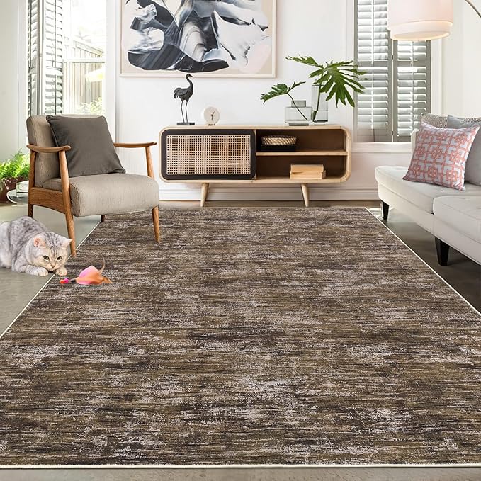 RUGSREAL 8x10 Washable Rug for Living Room Non-Slip Modern Abstract Area Rug Stain Resistant Large Bedroom Rug Contemporary Accent Throw Floor Carpet Solid Rug for Dining Room Home Decor, Brown
