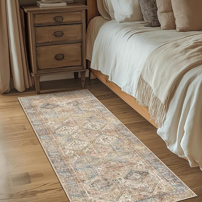 Bavni 2x5 Runner Rug Non Slip, Machine Washable Rug Runners for Hallways, Vintage Distressed Print Kitchen Runner, Low Pile Lightweight Carpet Runner for Entryway Laundry Bedroom Bathroom Wood Brown