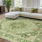 Area Rugs 6'x9' Washable Non-Slip, Floral Vintage Distress Print Pattern Medallion Carpet for Living Room Bedroom Dining Room, Sage Green Yellow