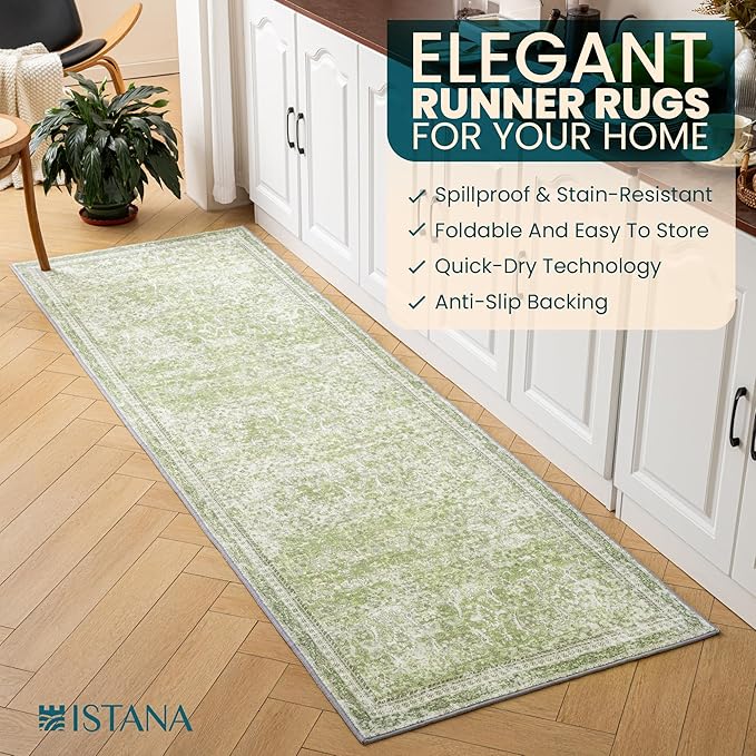 Istana Hallway Runner Rug 2.5x8 - Light Green Kitchen Rugs Non Slip Washable -Silk's Soft Touch Carpet Runner - Stylish Rugs for Home