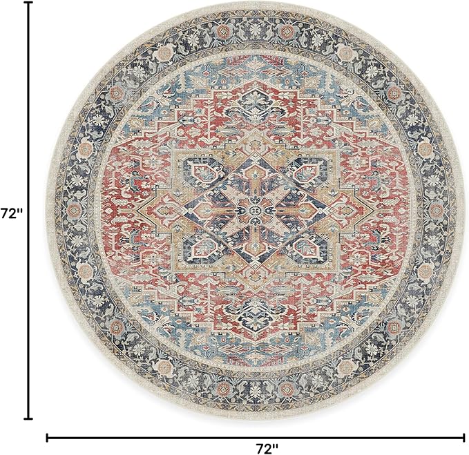 RUGGABLE Washable Vintage Area Rug – Kamran Cayenne Red 6 ft Round, Stain-Resistant, Non-Slip – Medium Machine Washable Rugs for Living Room, Bedroom, Hallway, Entryway & Office–with Standard Pad