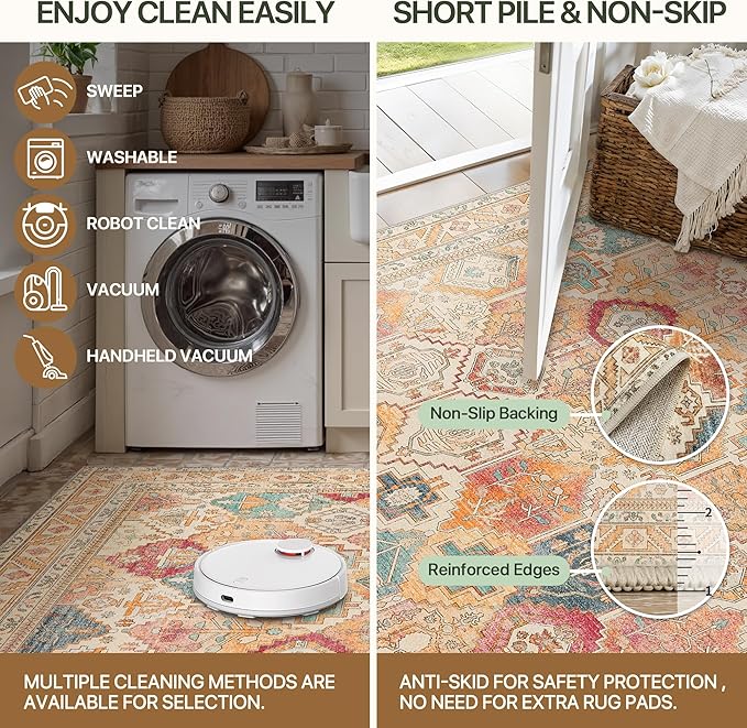 Bavni Kitchen Rug 2x5 Runner Rugs for Hallways Entryway, Washable Vintage Print Carpet, Ultra-Thin Chenille Low Pile Lightweight Rug with Non Slip Backing, Retro Multi