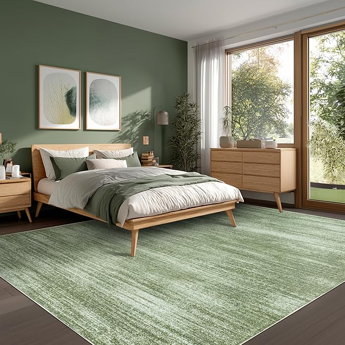 Dark Green Rug 5x7 for Dining Room Under Table Low Pile Non Slip Washable Area Rugs for Bedroom Aesthetic Abstract Olive Green Floor Carpet for Living Room 5 x 7