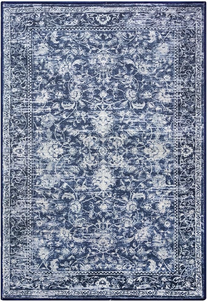 KILOCOCO Area Rug 6x9 Living Room Rug Washable Printed Vintage Floral Non Slip Soft Rubber Backed Indoor Bedroom Rugs for Laundry Room Kitchen Playroom Moroccan Area Rugs, Blue