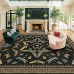 Black Washable Insect Area Rugs 8x10 for Living Room, Bedroom, Dining Room Under Table, Playroom, Large Dark Whimsical Boho Indoor Rug, Ultra Soft Low Pile Non Slip