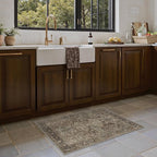 Bavni Washable Entry Rug 2x3, Non Slip Door Mat for Entryway or Kitchen, Vintage Print Low Pile Ultra Thin Indoor Rug, Brown