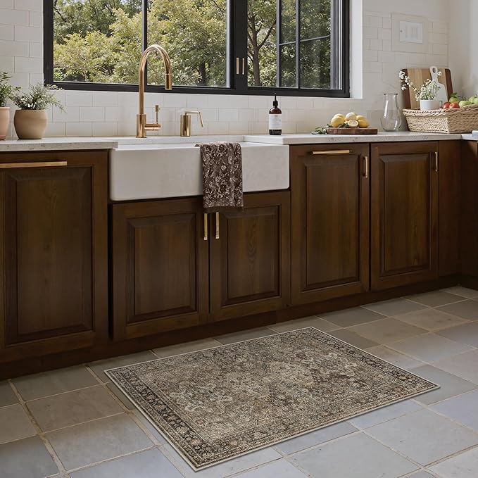 Bavni Washable Entry Rug 2x3, Non Slip Door Mat for Entryway or Kitchen, Vintage Print Low Pile Ultra Thin Indoor Rug, Brown