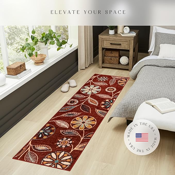 Maples Rugs Reggie Floral Runner Rug - Made in USA - Washable, Non Slip Indoor Carpet for Kitchen, Hallway, and Laundry Room, 2' x 9', Merlot