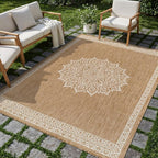 CAMILSON Outdoor Rug 6x9 Medallion Natural Modern Area Rugs for Indoor and Outdoor Patios Kitchen and Hallway Mats Washable Porch Deck Outside Carpet (Medallion Natural 6 x 9)