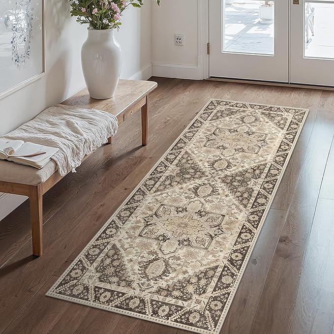 2x5 Runner Rug Machine Washable Boho Runners for Hallway,Ultra-Thin Low Pile Rug,Lightweight Indoor Carpet,Non Slip Floral Runners for Enrtyway, Corridor, Home Office, Kitchen,Brown