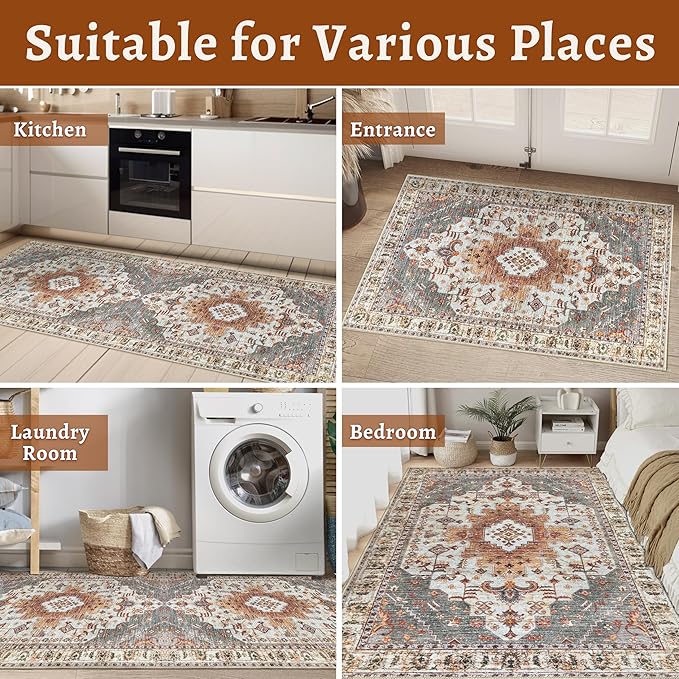 Tangsoo 2x10 Vintage Floral Geometric Runner Rug, Turmeric & Multicolor, Machine Made, Non-Slip, Washable, 0.35 Inch Pile, Rectangular, Indoor, Entryway & Living Room