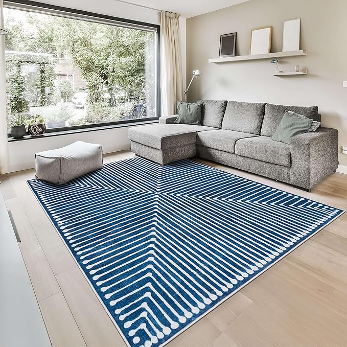 GLN Rugs Contemporary Collection - Machine Washable Area Rug, Contemporary Washable, Non Slip, Low Pile Chenille Rug, Living Room, Bedroom, Kitchen Rug (4' x 6' Lines Blue)