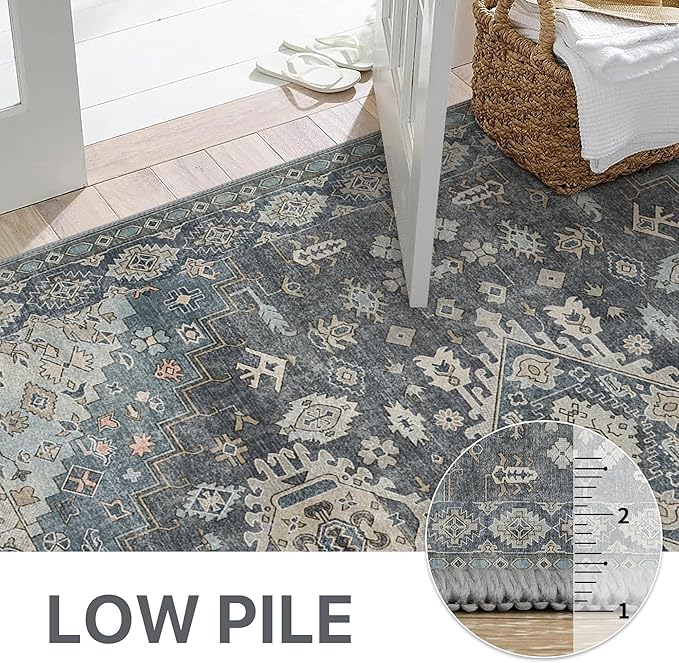 GENIMO 2x5 Washable Runner Rug for Hallway, Vintage Non Slip Low Pile Carpet, Soft Lightweight Printed Rug for Entryway, Kitchen, Corridor & Home Office, Slate Gray Blue