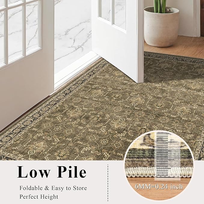 Washable Area Rug 6x9 Brown Rugs for Living Room, Vintage Boho Large Rug for Bedroom Dining Room Office, Distressed Floral Print Carpet for Under Table, Soft Non Slip Low Pile Throw Carpet Indoor Mat