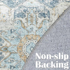 jinchan Kelda Round Rug 4ft Washable Area Rug Indoor Vintage Floor Cover Distressed Circle Mat 4' Round Lightweight Non Slip Low Pile Thin Carpet for Entryway Kitchen Living Room Bedroom Blue
