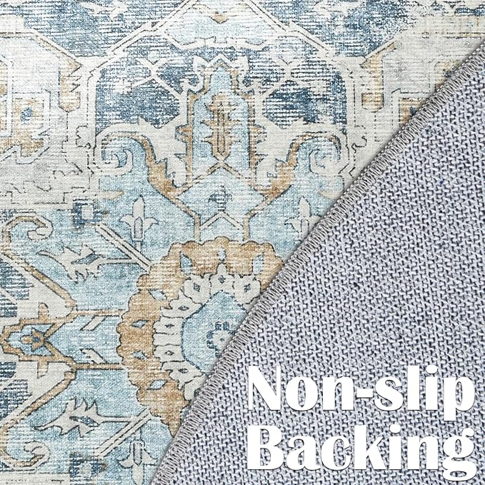 jinchan Kelda Round Rug 5ft Washable Area Rug Indoor Vintage Floor Cover Distressed Circle Mat 5' Round Lightweight Non Slip Low Pile Thin Carpet for Entryway Kitchen Living Room Bedroom Blue