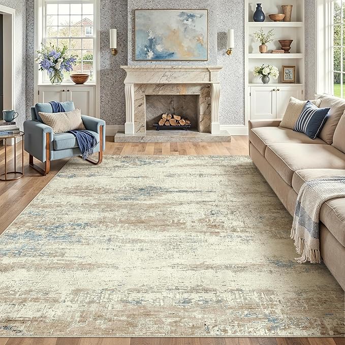8x10 Area Rug Washable Beige Brown Abstract Living Room Carpet Non Slip Modern Neutral Soft Low Pile Contemporary Aesthetic Bedroom Large Rug Indoor Office Dining Room Playroom