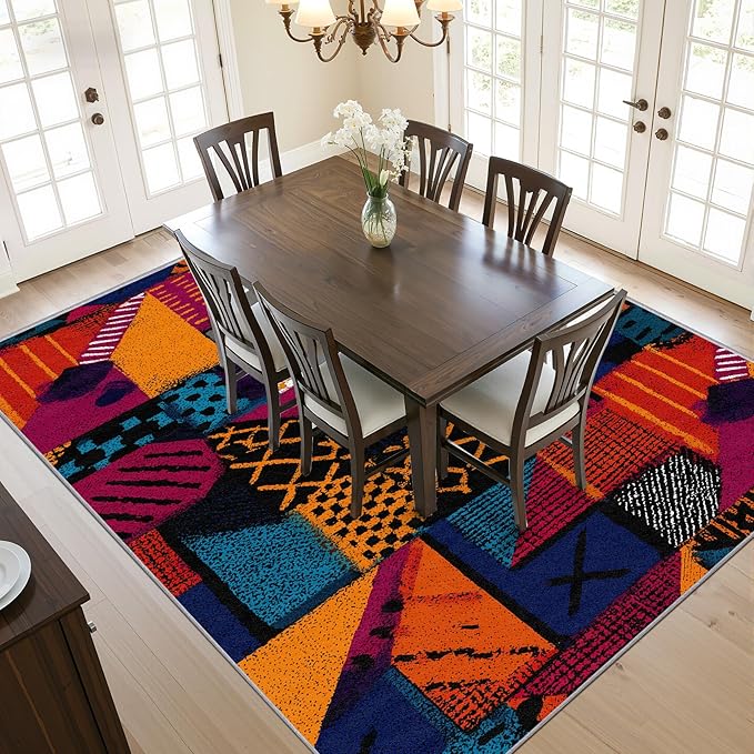 Patchwork Rug - 8x10 Rug,Geometric Abstract Area Rugs,Multicolor Retro Aesthetic Non Slip Shed Resistant Extra Large Carpets Home Decor #C026