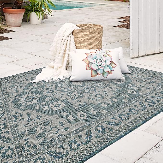 FH Home Flat Woven Outdoor Rug - Waterproof, Easy to Clean, Stain Resistant - Premium Polypropylene Yarn - Vintage - Large Patio, Deck, Sunroom - Shiraz - Ocean - 7ft 10 in x 10ft 9in