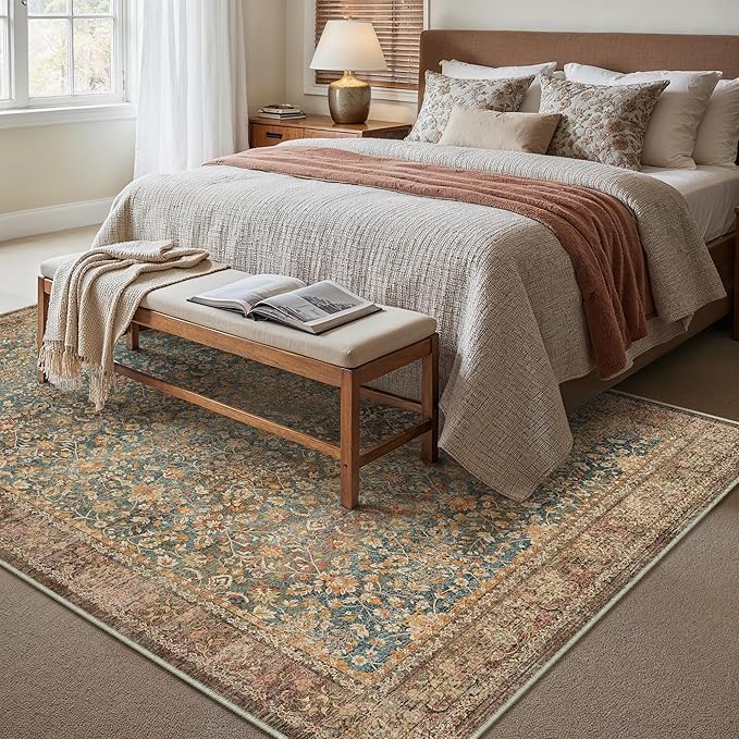 Area Rug 5x7 Living Room Washable Vintage Carpet Non Slip Indoor Retro Traditional Accent Throw Large Rug Brick Red for Office Kitchen Bedroom Dining Room