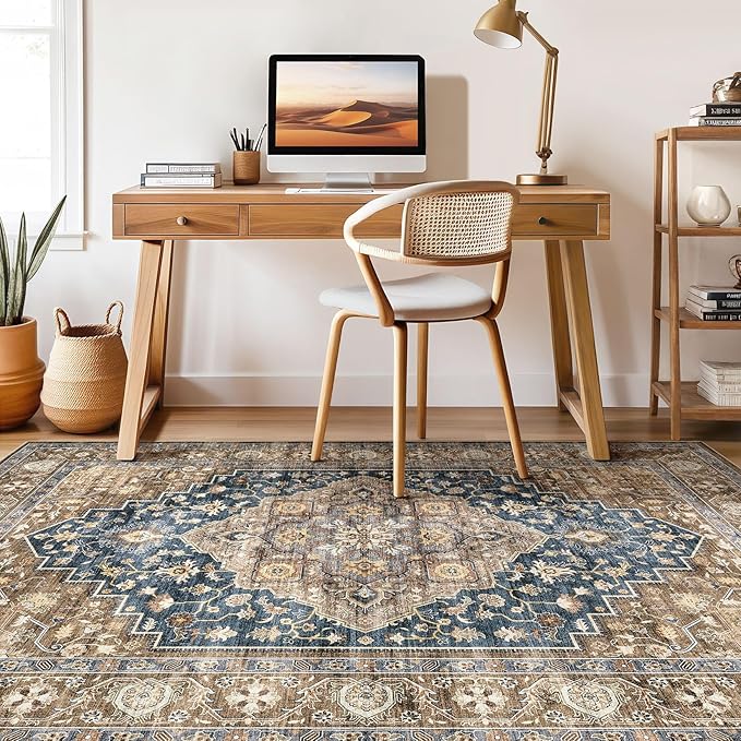 10x14 Area Rugs Living Room: Washable Boho Large Neutral Vintage Soft Rug Stain Resistant Farmhouse Non-Slip Indoor Floor Carpet for Bedroom Nursery Kids Office Dining Room Playroom- Yellow Blue