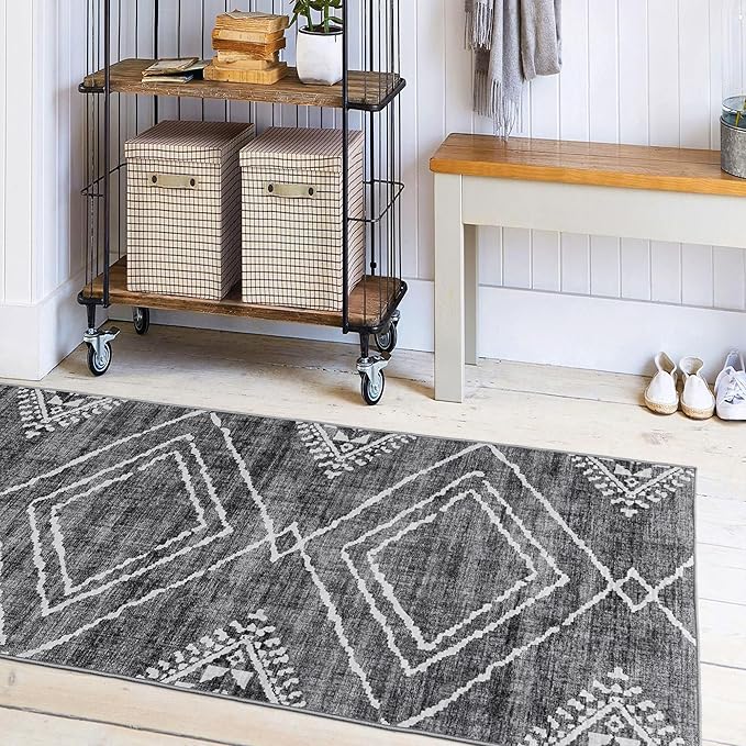 ReaLife Rugs Machine Washable Area Rug Runner - Living Room Bedroom Bathroom Kitchen Entryway Office - Padded Low Pile Stain Resistant Premium - Moroccan Diamond Tribal - Jax - Gray 2'6" x 10'