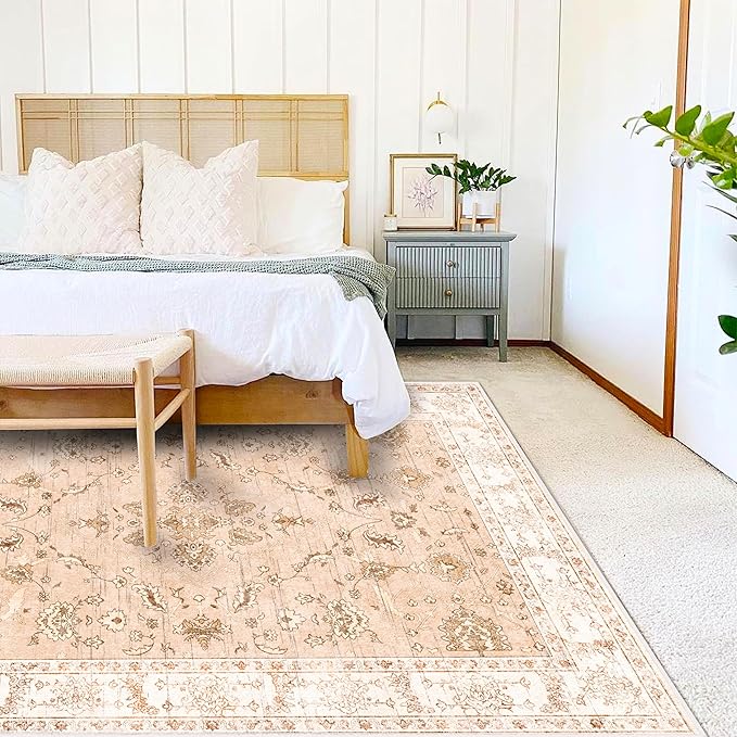 Area Rug 6x9 Washable Rug Tangerine Vintage Traditional Floor Cover Thin Retro Kitchen Indoor Distressed Non Slip Carpet Floral Print Mat Living Room Bedroom Dining Room