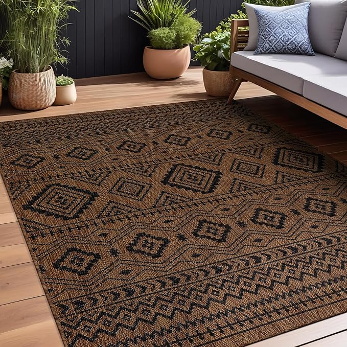 Beverly Rug Waikiki Boho Indoor Outdoor Rug 6x9, Washable Outside Carpet for Patio, Deck, Porch, Bohemian Area Rug, Farmhouse Rugs, Aztec Tribal Rug, Nut Brown and Black