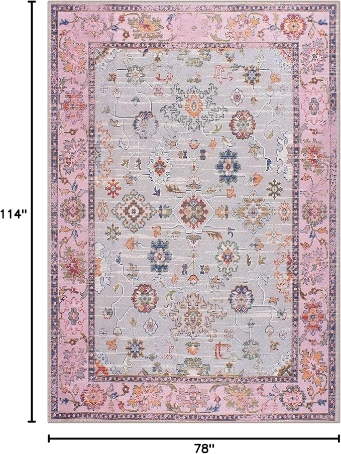 GLN Rugs Traditional Collection - Machine Washable Area Rug, Traditional Washable, Non Slip, Low Pile Chenille Rug, Living Room, Bedroom, Kitchen Rug (6' x 9' Pink/Blue/Multicolor)