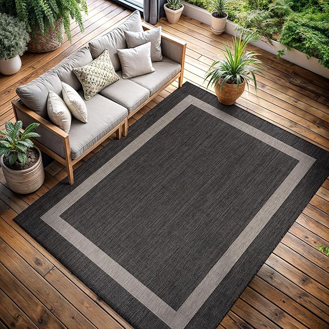 CAMILSON Outdoor Rug 6x9,Modern Outside Rugs for Patios Porches Waterproof Durable Washable Non-Shedding, Easy-to-Clean Indoor Outdoor Area Carpet (6 x 9, Bordered - Dark Gray/Light Gray)