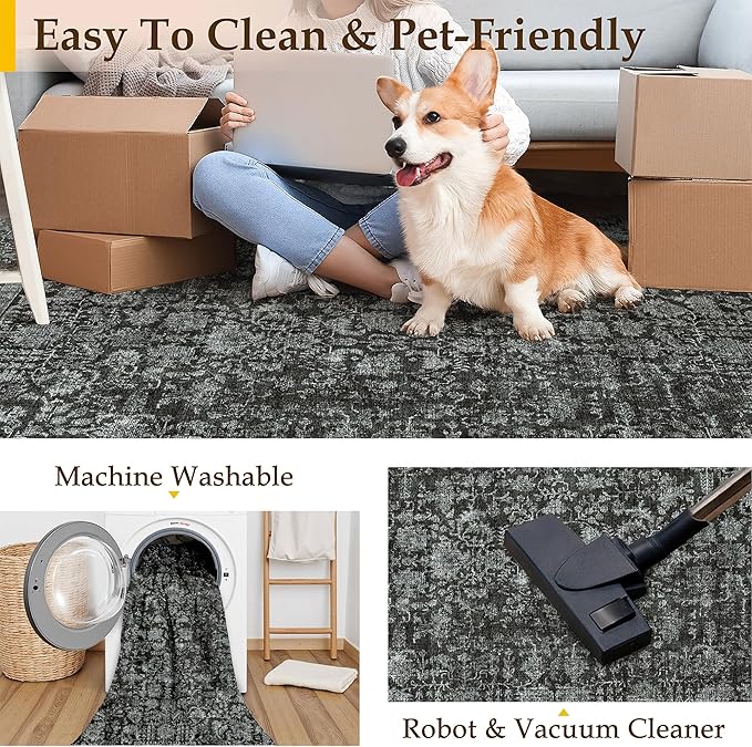 Dark Black Area Rug 6x9 Machine Washable Vintage Living Room Distressed Non Slip Carpet Traditional Indoor Bedroom Retro Floral Accent Throw Large Rug for Office Kitchen Dining Room