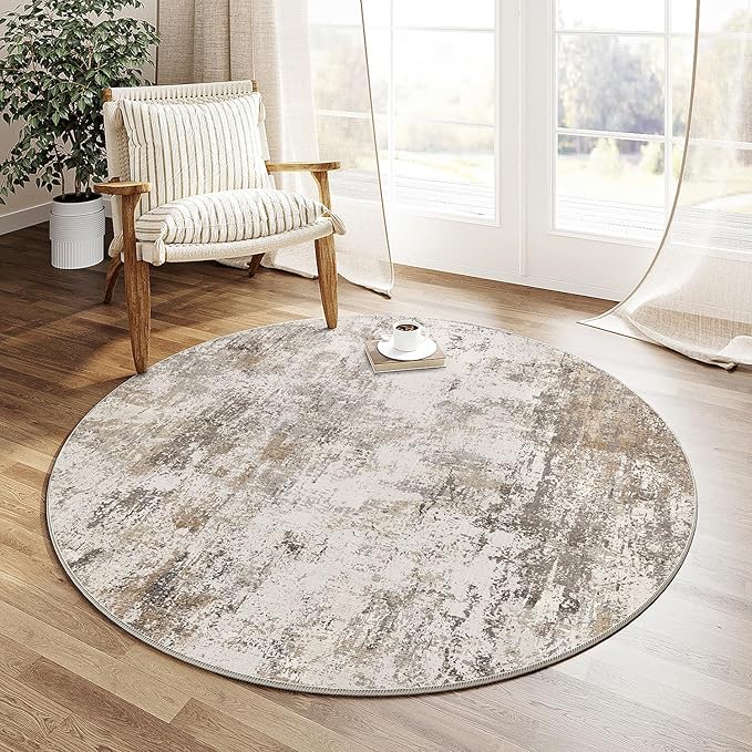 3x3 Washable Round Rug Brown Grey Abstract Entryway Area Rug Neutral Modern Non Slip Soft Low Pile Small Carpet for Bathroom Kitchen Living Room Bedroom