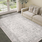 Gray Area Rug 6x9 Machine Washable Vintage Living Room Distressed Non Slip Carpet Traditional Indoor Bedroom Grey Retro Floral Accent Throw Large Rug for Office Kitchen Dining Room