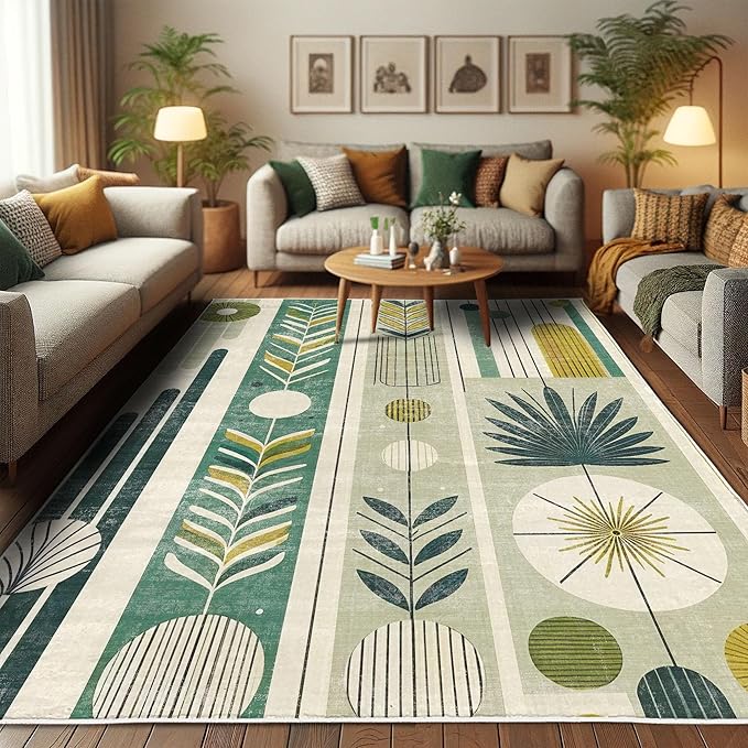 Ambesonne Mid Century Modern Decorative Rug, Abstract Circles Leaves and Stripes in Nature Color Palette, Quality Carpet for Bedroom Dorm and Living Room, 4' X 5' 5", Fawn Teal Pale Green