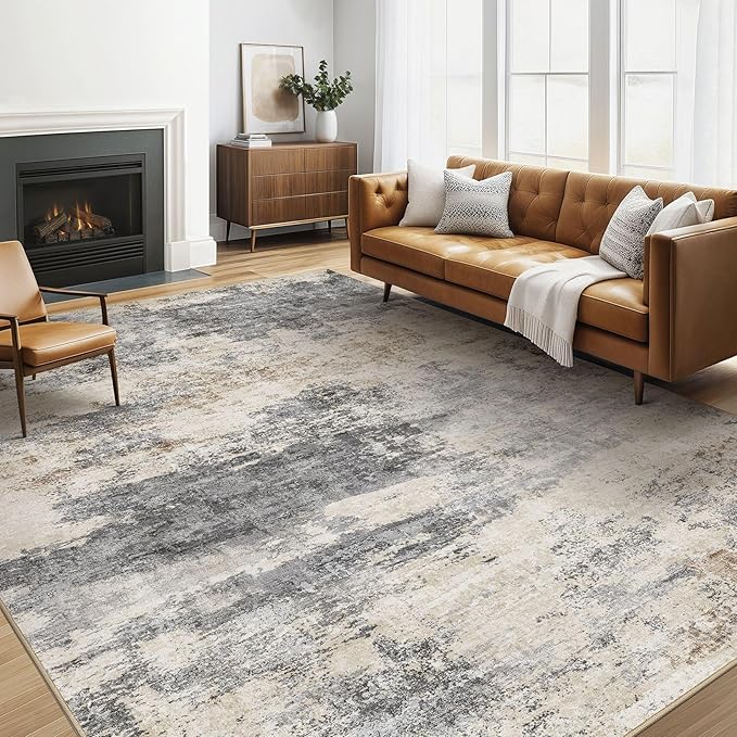 Area Rug Living Room Rugs: 5x7 Washable Large Abstract Modern Soft Stain Resistant Indoor Floor Non Slip Accent Carpet for Bedroom Nursery Playroom Dining Room Office Dorm Home House- Grey Brown