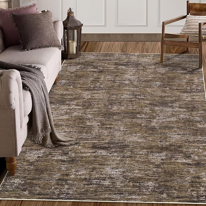 RUGSREAL Bedroom Area Rug 4x6 Modern Abstract Area Rug Stain Resistant Small Living Room Rug Contemporary Dining Room Rug Non-Slip Solid Rug Aesthetic Accent Floor Carpet for Kitchen Office, Brown