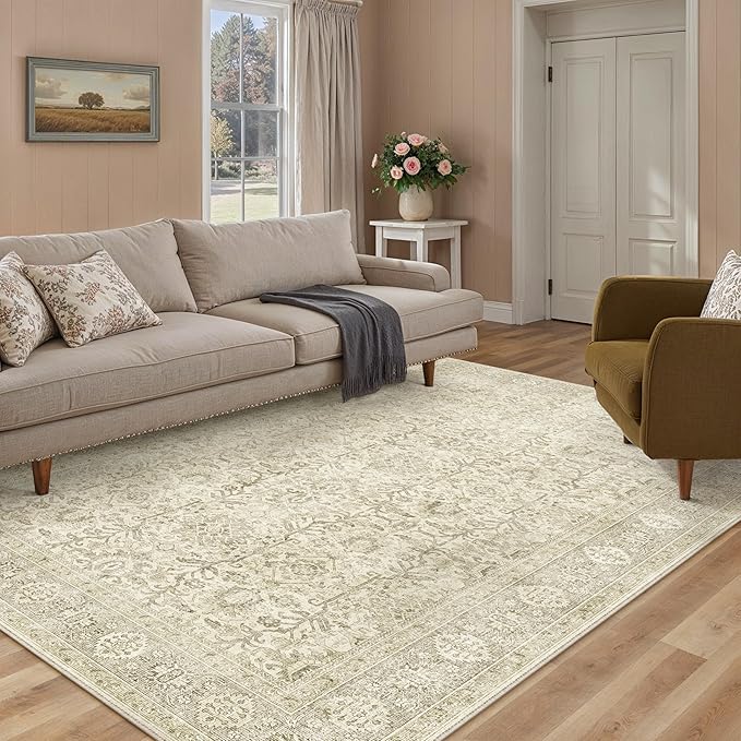 Vintage Area Rug 5x7 Beige Washable Living Room Large Carpet Non Slip Bedroom Indoor Office Low Pile Traditional Distressed Retro Accent Rug for Dining Room Bathroom Kitchen